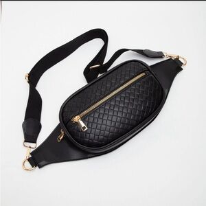 Black Quilted Crossbody Belt Bag with Gold Hardware